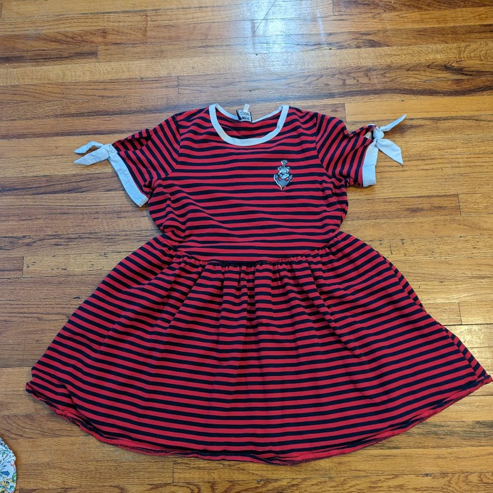 Unique Vintage Popeye Black and Red Striped Knit Dress with Tied Sleeves 2X/18